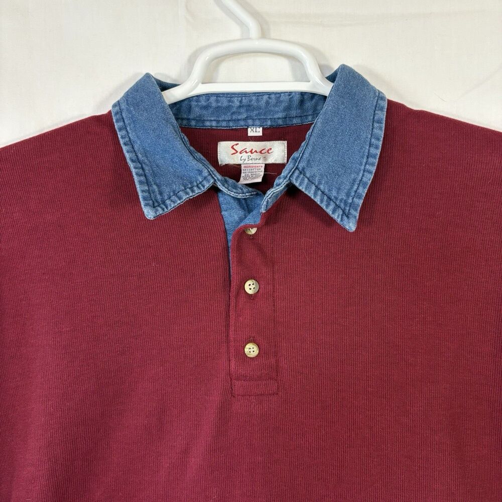 Vinatge 90s Sauce by Berne Burgandy 3-Button Pullover with Denim Collar Size XL - Picture 3 of 5